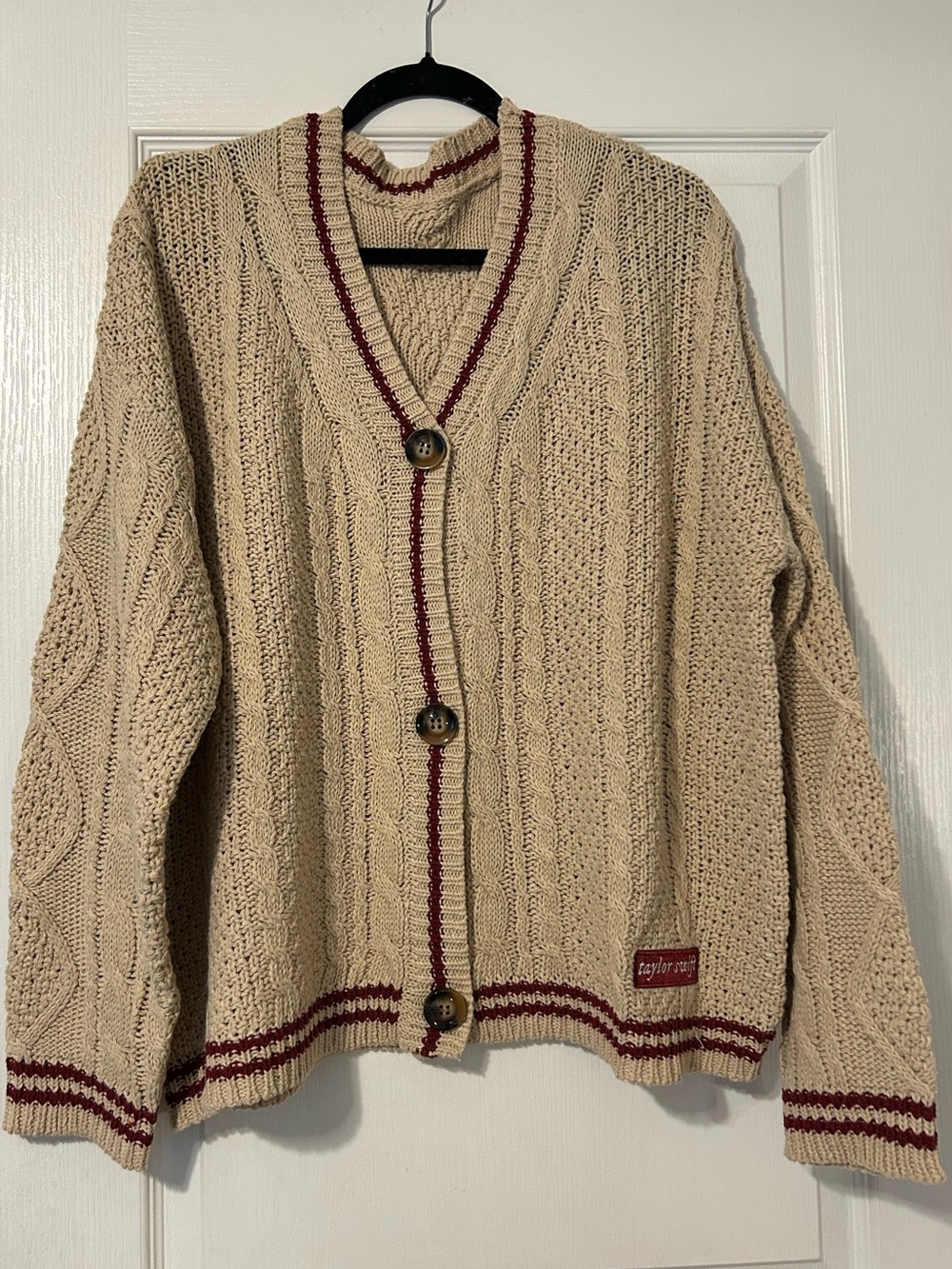 Taylor Swift Inspired Beige Folklore Holiday Cable Knit Cardigan with Red Trim